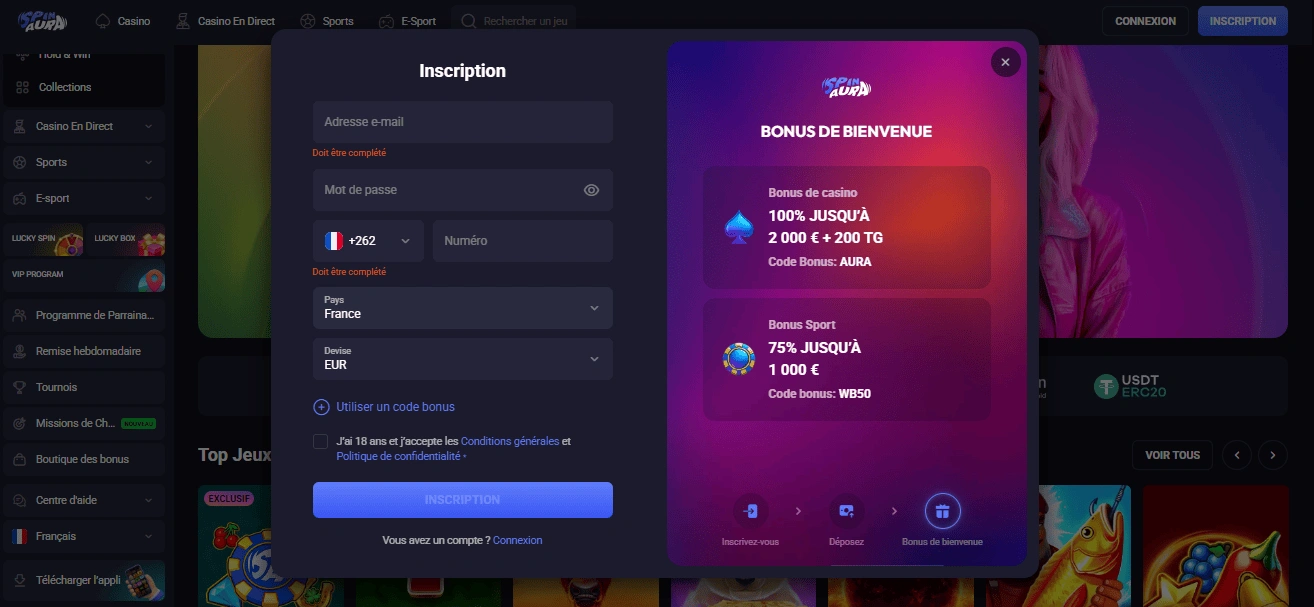 Premier SpinAura login pour les joueurs français